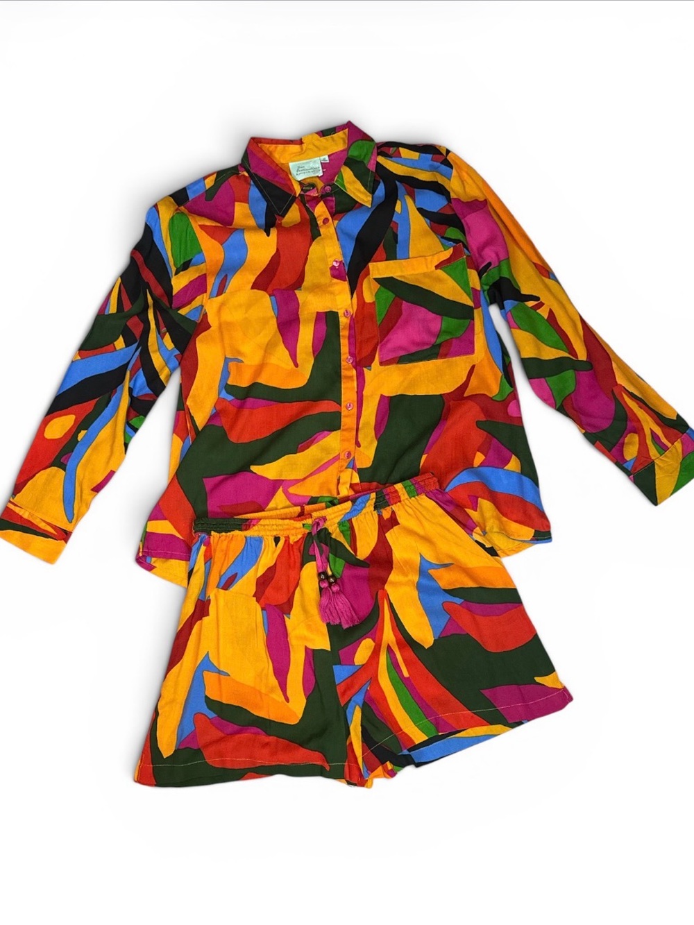 True Destinations Multicolor Abstract Button-Up Shirt/Shorts Set Size Medium